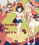  2girls bag black_hair blonde_hair braid dress duffel_bag female_protagonist_(pokemon_sm) green_eyes hat highres lillie_(pokemon) long_hair multiple_girls nagatsukiariake pokedex pokemon pokemon_(creature) pokemon_(game) pokemon_sm rotom shorts sun_hat twin_braids 