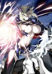  &gt;:) 1girl armor artoria_pendragon_alter_(fate/grand_order) black_legwear boots breasts fate/grand_order fate_(series) foreshortening greaves horns horseback_riding ishida_akira knee_boots lance large_breasts looking_at_viewer navel official_art pauldrons polearm rhongomyniad riding saber saber_alter saddle short_hair sideboob smile solo under_boob weapon white_hair yellow_eyes 