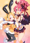  2girls :d ;3 ;d animal_ears ass between_breasts black_legwear blonde_hair blush_stickers bow bowtie bracelet breast_press breasts bunny_tail butterfly_hair_ornament cleavage crown disgaea earmuffs earrings fake_animal_ears fang fur_trim hair_ornament hairband hands_together harada_takehito heart_buckle high_ponytail highres hood hooded_jacket hoodie jacket jewelry jitome looking_at_viewer looking_back makai_senki_disgaea_5 mini_crown miniskirt multiple_girls necktie one_eye_closed open_mouth pantyhose pink_eyes pink_hair pointy_ears rabbit_ears scan seraphina_(disgaea) short_hair sidelocks skirt slippers smile tail thigh_strap usalia_(disgaea) violet_eyes 