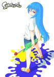  1girl adapted_costume alternate_costume bike_shorts blush copyright_name cosplay d:&lt; female full_body highres hinanawi_tenshi inkling_(cosplay) legs long_hair looking_at_viewer looking_back paint paint_splatter red_eyes small_breasts solo splatoon touhou very_long_hair water_gun yamagami_hiroto 