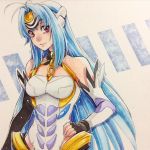  1girl android blue_hair breasts commentary elbow_gloves gloves kos-mos long_hair red_eyes sao_(saowee) solo traditional_media watercolor_(medium) xenosaga 