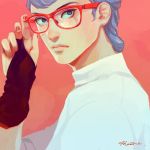 1boy adjusting_glasses blue_eyes blue_hair from_side ghiaccio glasses gloves highres jojo_no_kimyou_na_bouken male_focus meron_nouka partly_fingerless_gloves signature solo upper_body 