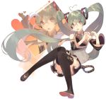  1girl ahoge boots cats_brain detached_sleeves green_hair hatsune_miku heart heart_ahoge heart_hands long_hair looking_at_viewer necktie open_mouth orange_eyes skirt solo tattoo thigh-highs thigh_boots twintails very_long_hair vocaloid white_background 