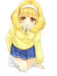  1girl arm_support blonde_hair hairband jpeg_artifacts kise_yayoi kneehighs kneeling maruki_(punchiki) no_shoes open_mouth precure school_uniform simple_background skirt smile_precure! solo sweater wavy_mouth white_background white_legwear yellow_eyes 