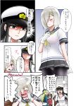  atago_(kantai_collection) beret blue_eyes blush breasts cleavage commentary_request female_admiral_(kantai_collection) glasses hair_ornament hair_over_one_eye hairclip hamakaze_(kantai_collection) hat kantai_collection kuro_abamu long_hair military military_uniform multiple_girls naval_uniform peaked_cap ryuujou_(kantai_collection) short_hair translation_request uniform visor_cap 