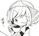  1girl ascot coffee collared_shirt hair_ribbon jagabutter long_sleeves looking_at_viewer monochrome object_on_head one_eye_closed panties panties_on_head ribbon rumia shirt short_hair sipping solo touhou underwear vest 