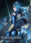  1girl artist_name ass blue_hair blurry bodysuit brown_eyes closed_mouth cowboy_shot crystal dantewontdie depth_of_field faulds floating_object from_behind glint glowing headgear ice irelia league_of_legends light_smile machinery motion_blur profile short_hair shoulder_pads solo standing watermark web_address 