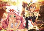  2girls absurdres arm_support barefoot blue_eyes blueberry blush bonnet brown_hair cake chin_rest chocolate choker closed_mouth collarbone cookie doughnut dress food fruit gintarou_(kurousagi108) green_eyes hat highres holding holding_fruit long_hair long_sleeves looking_at_viewer lying multiple_girls on_stomach open_mouth original parfait pink_hair scan sleeveless sleeveless_dress smile sprinkles strawberry twintails white_dress 