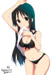  1girl akiyama_mio arm_up bare_shoulders bikini black_bikini black_eyes black_hair blush breasts cleavage commentary_request dated front-tie_top hime_cut k-on! long_hair looking_at_viewer mouth_hold navel ragho_no_erika shirt shirt_lift signature solo swimsuit white_shirt 