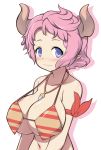  1girl blush bra breasts cleavage collarbone granblue_fantasy horns jewelry karuba_(granblue_fantasy) katami_shinta large_breasts looking_at_viewer navel necklace pink_hair pointy_ears ribbon short_hair simple_background smile solo striped striped_bra underwear upper_body violet_eyes white_background 