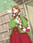  1girl blush_stickers brown_eyes brown_hair from_below futatsuiwa_mamizou futatsuiwa_mamizou_(human) glasses hair_ornament haori holding_pipe japanese_clothes kieeyo kiseru leaf_hair_ornament open_mouth pipe scarf smoke smoking_pipe touhou 