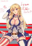  blonde_hair breasts chromatic_aberration cleavage elbow_gloves front-tie_top garter_straps gloves hand_behind_head heart highres iowa_(kantai_collection) kantai_collection large_breasts long_hair miniskirt mino_kureha mismatched_legwear navel no_headgear no_shoes open_mouth sitting skirt smile star star-shaped_pupils striped striped_legwear striped_skirt symbol-shaped_pupils translation_request violet_eyes wariza 