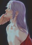  aqua_eyes aries_mu bare_shoulders blurry chest chin_grab depth_of_field emg_(christain) eyelashes from_side hands long_hair male_focus nipples off_shoulder out_of_frame parted_lips profile purple_hair saint_seiya shade short_eyebrows solo_focus tongue upper_body 