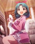  artist_request blue_hair blush curtain dress idolmaster idolmaster_million_live! mirror red_eyes ribbon short_hair surprised tokugawa_matsuri 