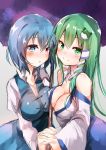  2girls amamitsu_kousuke asymmetrical_docking bare_shoulders blue_hair blush breast_press breasts cleavage cowboy_shot frog_hair_ornament green_eyes green_hair hair_ornament heterochromia highres holding_hands interlocked_fingers juliet_sleeves kochiya_sanae long_hair long_sleeves looking_at_viewer multiple_girls off_shoulder puffy_sleeves shirt short_hair skirt smile snake_hair_ornament tatara_kogasa touhou very_long_hair vest wide_sleeves 