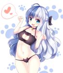  1girl :3 absurdres ass_visible_through_thighs bell bell_choker black_bra black_panties blue_eyes blue_hair bow bra cat_cutout cat_ear_panties cat_lingerie choker cleavage_cutout cowboy_shot fang frilled_bra frills hair_bow heart heart-shaped_pupils highres jingle_bell leaning_to_the_side long_hair looking_at_viewer m1_(zhan_jian_shao_nyu) multicolored_hair panties paw_pose paw_print siwi solo symbol-shaped_pupils thigh_gap underwear underwear_only very_long_hair white_hair zhan_jian_shao_nyu 