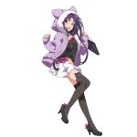  1girl absurdres black_legwear full_body highres hood hooded_jacket jacket long_hair long_sleeves looking_at_viewer official_art open_clothes open_jacket open_mouth pleated_skirt purple_hair red_eyes simple_background skirt sleeves_past_wrists solo sword_art_online sword_art_online:_code_register thigh-highs transparent_background white_skirt yuuki_(sao) 