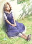  1girl against_wall blush brown_hair dress highres nababa original realistic sitting solo 