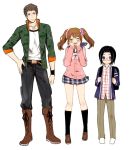  3boys backpack bag black_hair blush boots brown_hair closed_eyes cross-laced_footwear egu_(encore2) full_body glasses hand_on_hip hands_on_own_face height_difference idolmaster idolmaster_side-m knee_boots looking_at_another looking_at_viewer mizushima_saki multiple_boys okamura_nao purple_hair school_uniform shingen_seiji simple_background trap twintails white_background 
