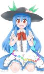  1girl :d blue_hair blush bow dress food food_on_head fruit fruit_on_head hands happy hat highres hinanawi_tenshi king_(ougon_kingyo-bachi) layered_dress long_hair looking_at_viewer object_on_head open_mouth palms peach red_eyes seiza sitting smile solo touhou very_long_hair 
