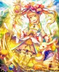  1girl 2012 blue_sky brown_hair clouds dress egg fantasy feathers hair_ornament hat hat_ornament jewelry long_hair looking_at_viewer lord_of_knights mitsdasaw official_art open_mouth outdoors rabbit sky staff watermark white_legwear yellow yellow_dress yellow_eyes 