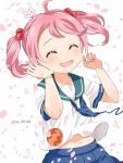  hair_ornament kantai_collection navel petals pink_eyes pink_hair rabbit sazanami_(kantai_collection) school_uniform serafuku smile tachiki_(naruki) twintails uniform 