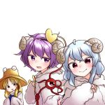  3girls :3 ahoge animal_costume bangs blonde_hair blue_hair blunt_bangs blush_stickers fang hair_ornament hairband hat heart_hair_ornament hood hoodie horns kameyan komeiji_satori moriya_suwako multiple_girls purple_hair red_eyes remilia_scarlet sheep_costume sheep_horns short_hair sidelocks simple_background sleeves_past_wrists smile third_eye touhou violet_eyes wavy_mouth white_background yellow_eyes 