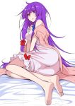  1girl ahoge ass bangs bare_shoulders barefoot blue_bow blunt_bangs bow dress eichi_yuu eyebrows eyebrows_visible_through_hair hair_ribbon long_hair messy_hair off_shoulder parted_lips patchouli_knowledge purple_hair red_bow ribbon simple_background sleepy solo strapless strapless_dress touhou tress_ribbon very_long_hair violet_eyes white_background white_dress 