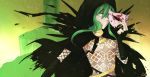  1girl akutoku_no_judgement_(vocaloid) bridal_gauntlets chaban_capriccio_(vocaloid) cloak domino_mask frown green_eyes green_hair gumi highres jewelry mask net sidelocks uglytree vocaloid 