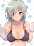  1girl bare_shoulders bikini_top black_bikini_top blue_eyes blurry breasts cleavage closed_mouth collarbone depth_of_field dyson_(edaokunnsaikouya) eyelashes gloves hair_ornament hair_over_one_eye hairclip hamakaze_(kantai_collection) kantai_collection looking_at_viewer short_hair silver_hair simple_background solo tareme wavy_mouth white_background white_gloves 