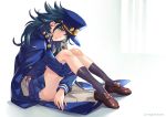  1girl aqua_eyes artist_name black_hair chain coat female full_body genderswap genderswap_(mtf) hat highres jojo_no_kimyou_na_bouken kotatsu_(g-rough) kuujou_joutarou leg_hug miniskirt pleated_skirt sitting skirt socks solo 