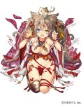  &gt;_&lt; 1girl animal_ears arms_up bangs bare_shoulders blue_eyes blush bracelet braid breasts brown_hair cat_ears cat_tail chloris_garden cleavage closed_eyes company_name dress fang flower french_braid frills hair_ornament heterochromia jewelry large_breasts long_hair looking_at_viewer madogawa magatama multicolored_hair navel necklace nekomata official_art open_mouth original sash seiza shouji simple_background single_thighhigh sitting sliding_doors solo tabi tail thigh-highs torn_clothes twintails two-tone_hair white_background wide_sleeves yellow_eyes 