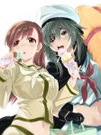  2girls :p food holding holding_food kantai_collection kiso_(kantai_collection) multiple_girls sumeragi_hamao tongue tongue_out 