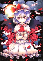  1girl arm_ribbon ascot bat bat_wings clouds cowboy_shot crossed_arms dated dress flower full_moon hat hat_ribbon lavender_hair looking_at_viewer marker_(medium) mob_cap moon mosho night pink_eyes red_rose remilia_scarlet ribbon rose signature smile solo touhou traditional_media white_dress wings wrist_cuffs 