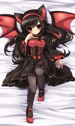  1girl absurdres animal_ears arm_at_side bat_wings bed_sheet black_dress black_legwear blush bow cat_ears choker closed_mouth dakimakura dress fang fang_out flower frilled_dress frilled_sleeves frills from_above gothic_lolita hair_flower hair_ornament hairband hand_up head_tilt highres knee_up layered_sleeves lolita_fashion long_sleeves looking_at_viewer looking_up mary_janes midna01 original red_bow red_eyes red_rose red_shoes rose shoes smile solo tareme tooth underbust wide_sleeves wings 