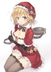  1girl :o a_(nanananaaannaa) bag bangs belt black_legwear blonde_hair blush bow bowtie breasts brown_bow brown_bowtie brown_eyes cleavage djeeta_(granblue_fantasy) dress eyebrows_visible_through_hair flower flying_sweatdrops frilled_dress frills fur_collar fur_trim granblue_fantasy hand_up hat large_breasts legs_together looking_at_viewer open_mouth poinsettia pointing pointing_up red_dress santa_costume santa_hat simple_background sitting solo star striped striped_bow striped_bowtie sweatdrop thigh-highs thighs white_background zettai_ryouiki 