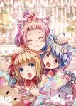  3girls :3 ahoge animal animal_ears blonde_hair blue_eyes blue_hair blush blush_stickers bow bowtie breasts cat cat_ears cat_hair_ornament choker cleavage closed_eyes collarbone fang hair_bow hair_ornament hairband hands_on_another&#039;s_head indoors lamp long_hair looking_at_another multiple_girls open_mouth original pillow pink_hair plaid ribbon_choker riolabo short_hair signature striped violet_eyes wristband 