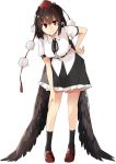  1girl black_hair black_legwear black_neckwear black_ribbon black_skirt black_wings breasts brown_footwear commentary_request feathered_wings full_body hair_between_eyes hand_on_hip hat kamukamu_(ars) large_breasts leaning_forward loafers looking_at_viewer neck_ribbon petticoat pointy_ears pom_pom_(clothes) puffy_short_sleeves puffy_sleeves red_eyes ribbon shameimaru_aya shirt shoes short_sleeves simple_background skirt smile solo standing tassel tokin_hat touhou white_background white_shirt wing_collar wings 