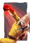  1boy bald belt bodysuit cape clenched_hands gloves glowing_fist one-punch_man open_mouth punching red_gloves saitama_(one-punch_man) serious tagme white_eyes wyv1 