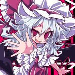  1girl ascot bat_wings beni_shake bow fang hat hat_bow mob_cap open_hands open_mouth red_eyes remilia_scarlet solo touhou uneven_eyes white_hair wings 