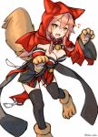  1girl absurdres animal_ears bell bell_collar black_legwear breasts caster_(fate/extra) cleavage collar fangs fate/extra fate/grand_order fate_(series) fox_ears fox_tail highres hood japanese_clothes katoroku large_breasts long_hair looking_at_viewer musical_note open_mouth pink_hair simple_background solo tail tamamo_cat_(fate/grand_order) thigh-highs white_background yellow_eyes 