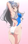  1girl armpits arms_up ass competition_swimsuit hair_ribbon idolmaster long_hair looking_at_viewer one-piece_swimsuit ponytail red_eyes ribbon shijou_takane silver_hair smile solo swimsuit tetuo_kun 