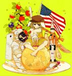  1girl american_flag animal_ears apple apple_tree barefoot blonde_hair brown_hat earth feet_together flag food fruit hat highres jpeg_artifacts knees_apart_feet_together looking_at_viewer moon nail_polish orange_shirt oversized_object pink_nails plate rabbit_ears red_eyes ribbon ringo_(touhou) rocket shimana_(cs-ts-az) shirt short_sleeves shorts sitting solo spacesuit star striped tongue tongue_out touhou tree vertical-striped_shorts vertical_stripes yellow_background yellow_shorts 