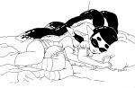  2girls aori_(splatoon) closed_eyes domino_mask eyebrows female hotaru_(splatoon) hug long_hair lying mask mole mole_under_eye monochrome multiple_girls on_bed on_side pajamas pillow pointy_ears sleeping splatoon tentacle_hair tentacles thick_eyebrows underwear very_long_hair 