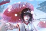  1girl artist_name black_hair blurry building closed_mouth crying crying_with_eyes_open depth_of_field japanese_clothes kimono long_sleeves looking_at_viewer nora_(noragami) noragami outstretched_arm over_shoulder pale_skin parasol pov red_eyes red_lips red_umbrella sangrde smile snow snowing solo_focus tattoo tears triangular_headpiece umbrella watermark web_address wide_sleeves winter 