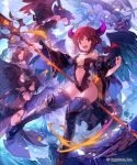  4girls :d angel_wings bangs black_hair blurry bokeh breasts character_request cleavage depth_of_field groin highres horns large_breasts lee_hyeseung long_hair multiple_girls navel official_art open_mouth purple_hair redhead shingeki_no_bahamut short_hair small_breasts smile staff violet_eyes watermark wings 