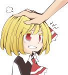 1girl angry ascot blush clenched_teeth collared_shirt colored_eyelashes jagabutter petting rumia shirt short_hair solo_focus teeth touhou vest 