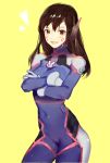  1girl bodysuit brown_eyes brown_hair contrapposto cowboy_shot crossed_arms d.va_(overwatch) headset highres long_hair looking_at_viewer overwatch smile solo tian_(my_dear) 