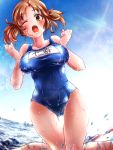  1girl blush breasts brown_eyes brown_hair idolmaster idolmaster_cinderella_girls large_breasts mogiko_yoshida one_eye_closed open_mouth school_swimsuit sky solo swimsuit taut_clothes taut_swimsuit thigh_gap totoki_airi twintails water wet 