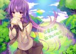  1girl hiyo_kiki long_hair nishikawa_youko purple_hair sansha_san&#039;you school_uniform serafuku toast translated violet_eyes 